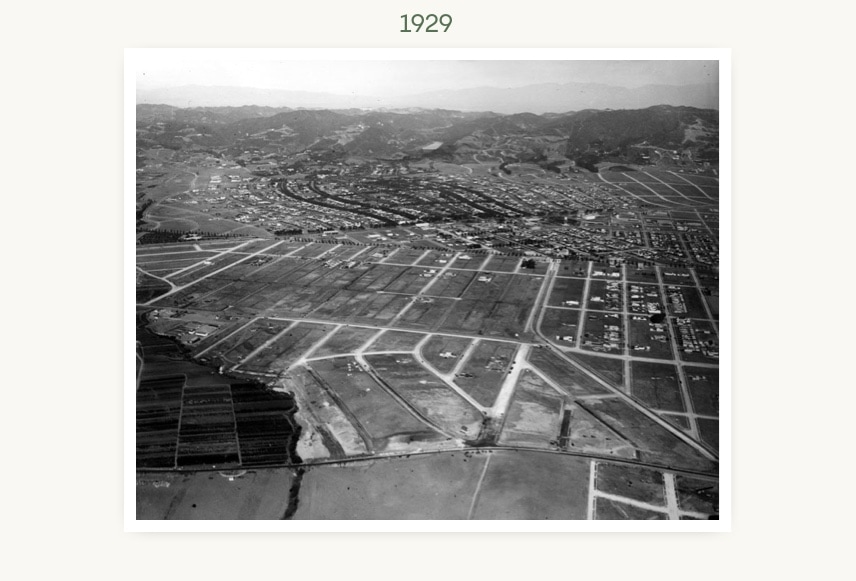 1929. An aerial view of the neighborhood with the Beverly Wilshire and its adjacent subdivisions completed.