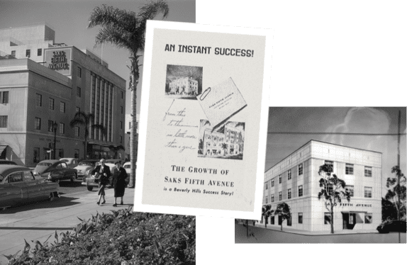 A collage of vintage images of Saks Fifth avenue in Beverly Hills.