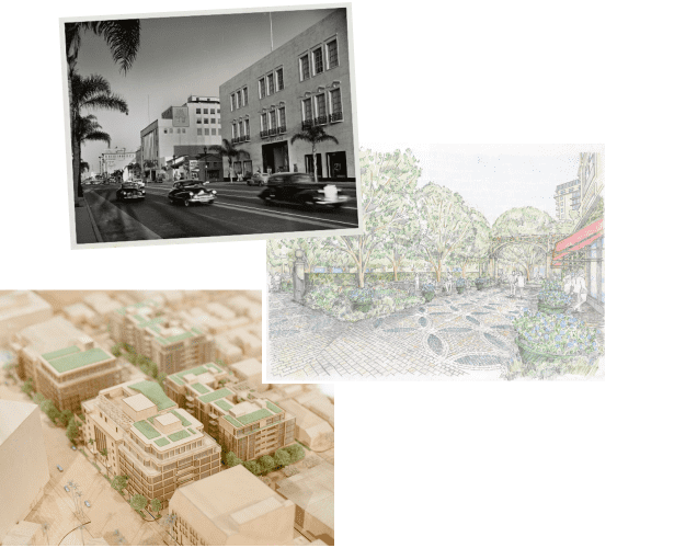 A collage of images showing: A vintage image of Wilshire Blvd, a Sketch and a model of the 9600 Wilshire project