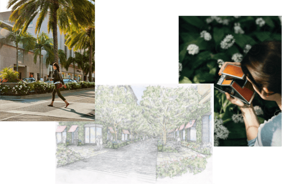 A collage of images showing: Sketch of the 9600 Wilshire project, A woman crossing Rodeo Drive, and A woman using a folding camera to take a photo.