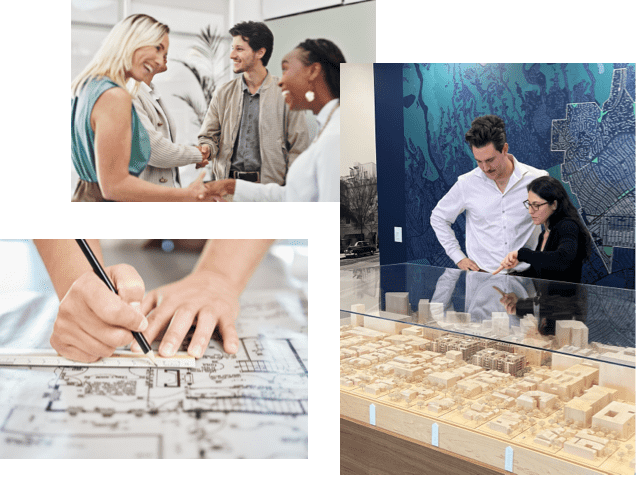 A collage of images showing: A group of people in front of a model of the 9600 Wilshire project, an architect drawing the building plan and executives in a meeting.