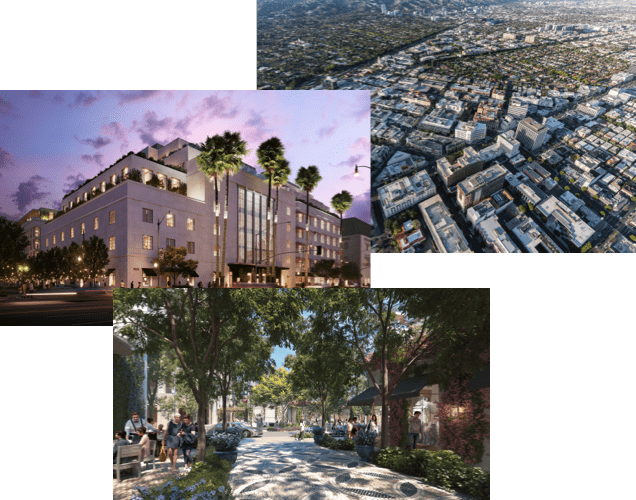 A collage of images showing an aerial image of the Wilshire Boulevard area, 3d rendering of the new proposal.