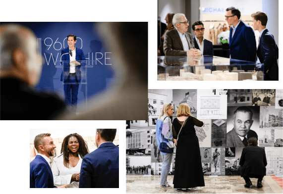 A collage of images with: A group of executives standing up in a meeting, Employees looking at a wall full of project photos, Richard Baker at a podium speaking at a conference, and A group of executives standing in front of a model of the project.